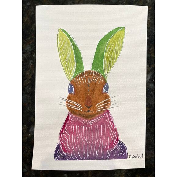 Hand painted watercolor original painting bunny rabbit 8x5 - Picture 1 of 1